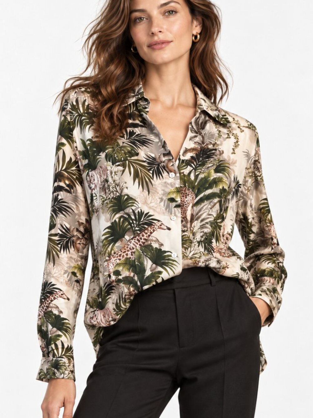 L'agence Nina Jungle Print Silk Blouse Antique White S NWOT